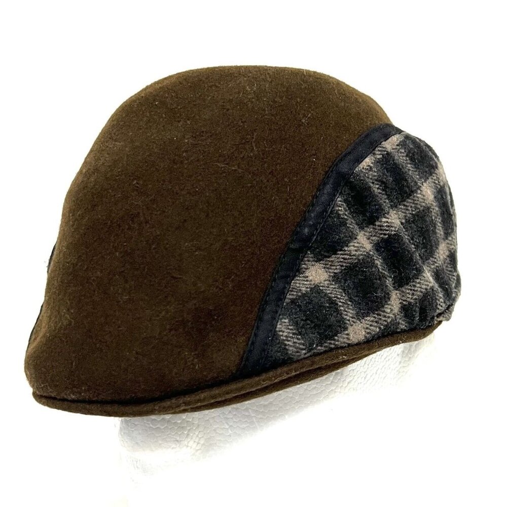 Bigalli Wool Felt Ascot Cap Brown Plaid Driving Golf Newsboy Hat Adult Size M